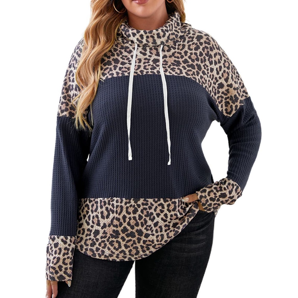 BLACK BROWN LEOPARD PRINT COLOR BLOCK COWL NECK SWEATER SIZE 2X